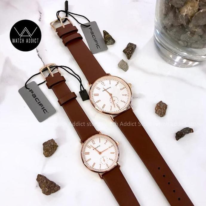 Barang Berkualitas Jam Tangan Couple Pacific Chronograph Original Tali Kulit Coklat PROMO | CUCI