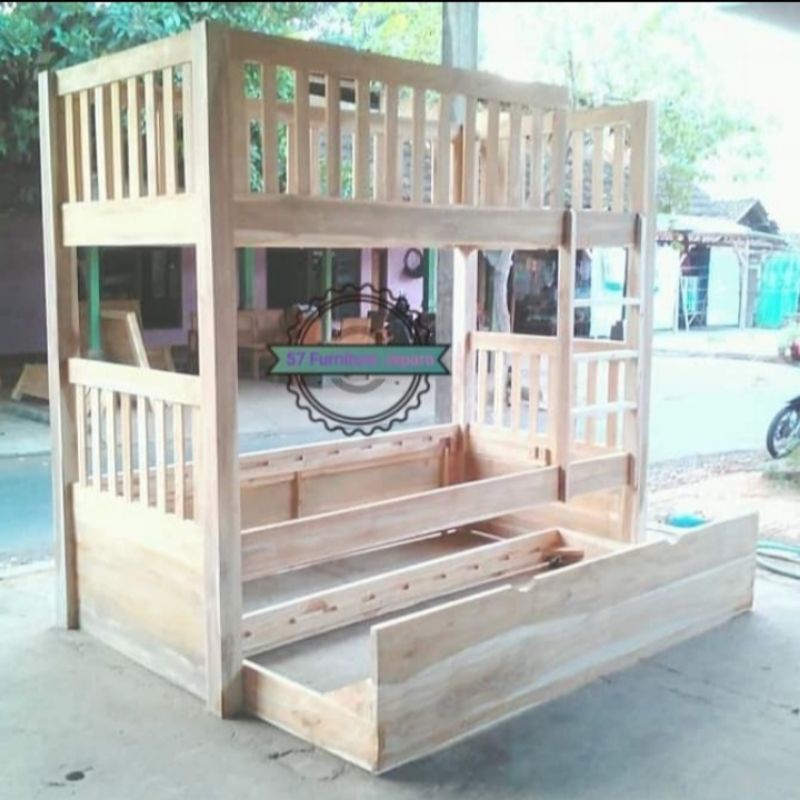 Tempat tidur/Dipan tingkat untuk anak bahan kayu jati mentahan simpel
