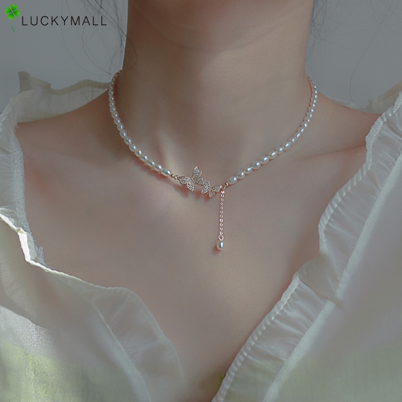 Kalung Choker Rantai Emas Hias Liontin Mutiara Kristal Untuk Wanita