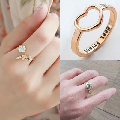 Cincin Wanita All Size Model Bunga Daun Love Warna Gold Silver Rosegold