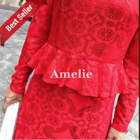 TERMURAH - Dress Import Long Gaun Pesta Lengan Lace Brukat Korea Black Red Merah Wanita Murah