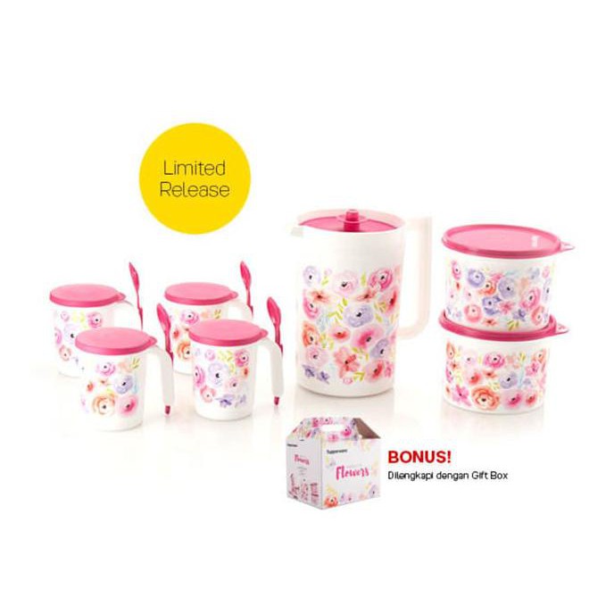 Pretty Flower Set Toples Plastik Tupperware Alat Makan Minum Original