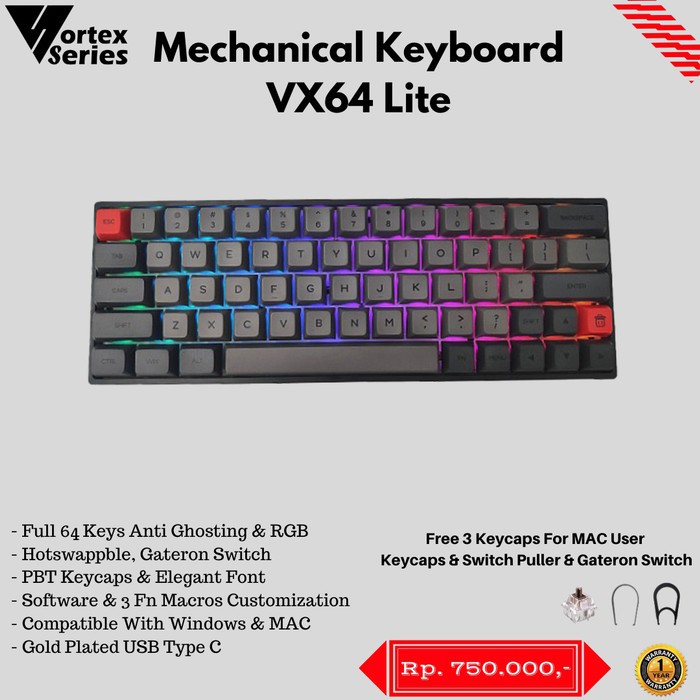 keyboard vortex series vx64 lite black gray (brown switch)