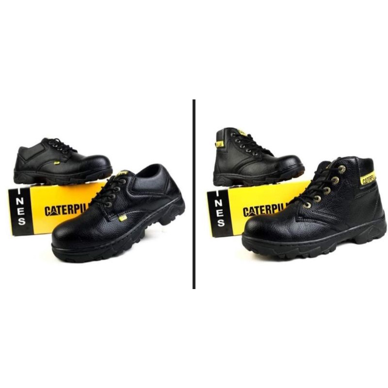 Sepatu safety boots Caterpillar ujung besi, safety tali pendek kerja proyek