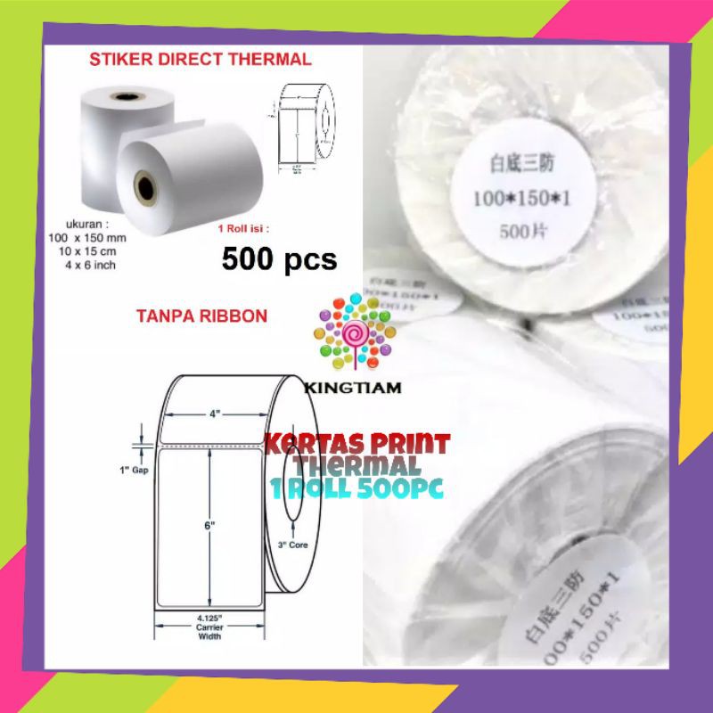 

Kingtiam Kertas Print Thermal Label Barcode Sticker Direct Thermal 10 x 15cm A6 Roll 500 pcs