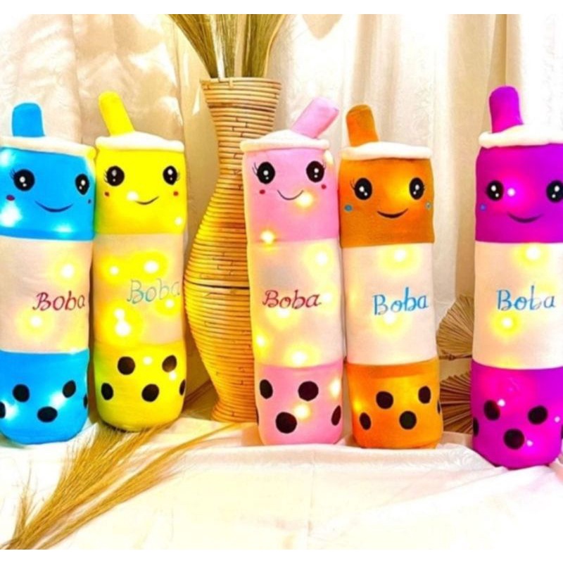 Guling Boneka Boba Milk Tea Lampu LED Nyala Kain Halus Tinggi 60cm