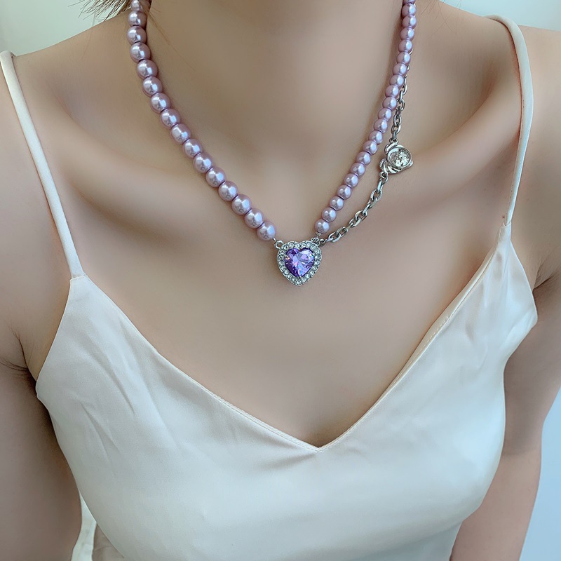 Pearl Stitching Necklace Korea Love Heart Pendant Clavicle Chain