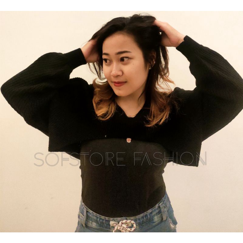 Croptop Rib Cardi Oversize Balero Sweater Atasan Wanita Tangan Balon