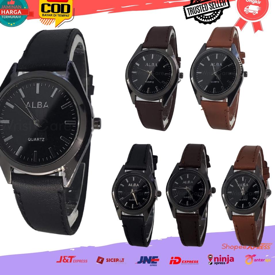 Grosir QQMU0 [COD] Jam Tangan Couple Fashion Analog Remaja ABG Pria Wanita Strap Kulit Alba Branded 