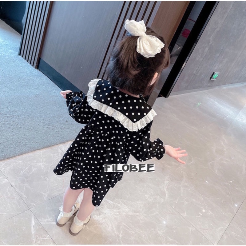 FILOBEE DRESS ANAK PEREMPUAN/DRESS POLKADOT HITAM/MODEL KERAH BULAT TEMPEL RENDA