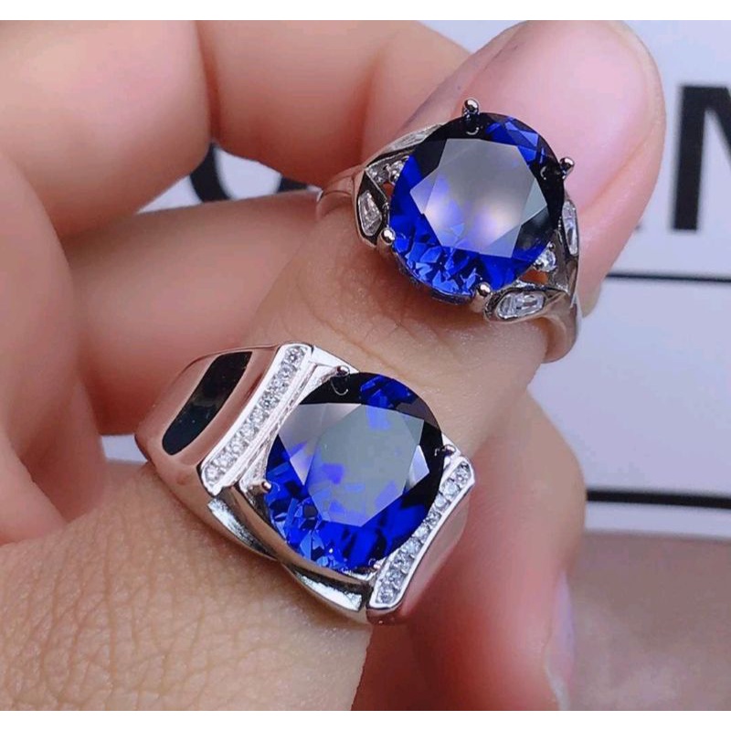 Cincin Pasangan Berlian Platinum Safir Pria Wanita Fashion Kristal Biru