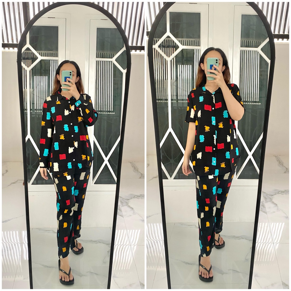 Piyama Wanita One Set Kotak-kotak Hitam