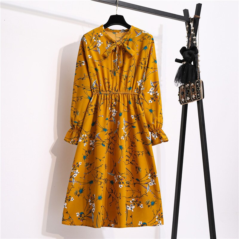 Bebovizi Midi dress korea Lengan Panjang Wanita Motif Bunga Model / Vintage / Casual Bahan Sifon