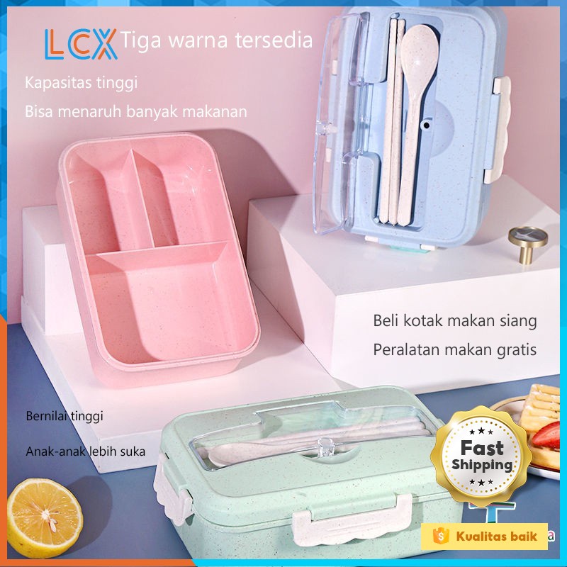 LCX  lunch box 3 Warna PP Jerami Gandum 1000 ml Lunch Box With Free Sendok BPA  / VS-1