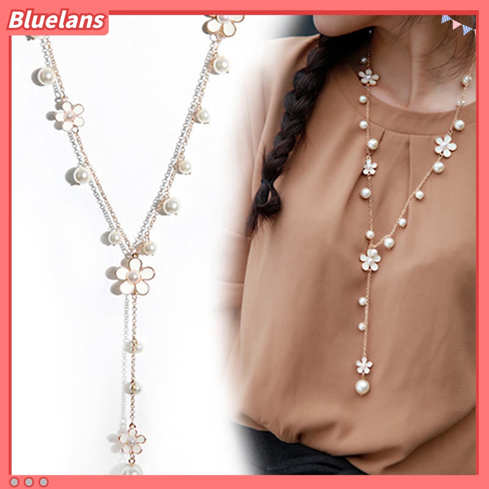 Bluelans Kalung Rantai Panjang Desain Bunga Mutiara Tiruan Gaya Korea Untuk Wanita
