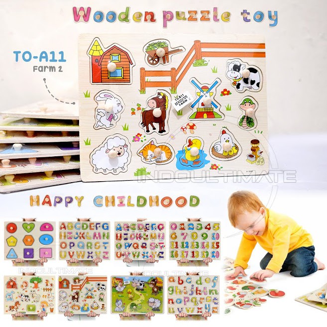 Puzzle Kayu mainan edukasi 3D KNOP kayu Gambar Hewan Puzzle game Animal Puzzle Toys Mainan Anak