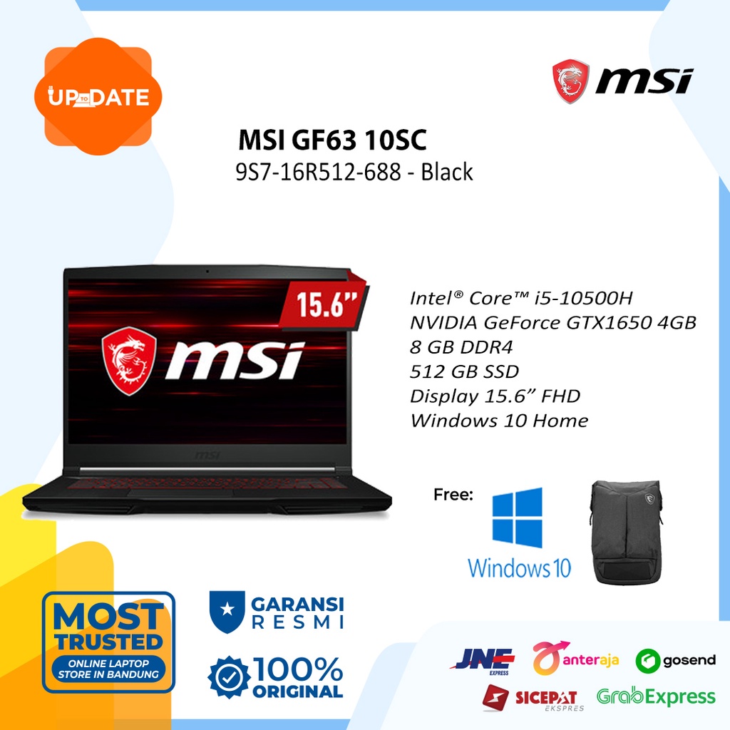 Jual MSI GF63 10SC 9S7 16R512 688 Core I5 10500H 8GB 512GB GTX1650 4GB 