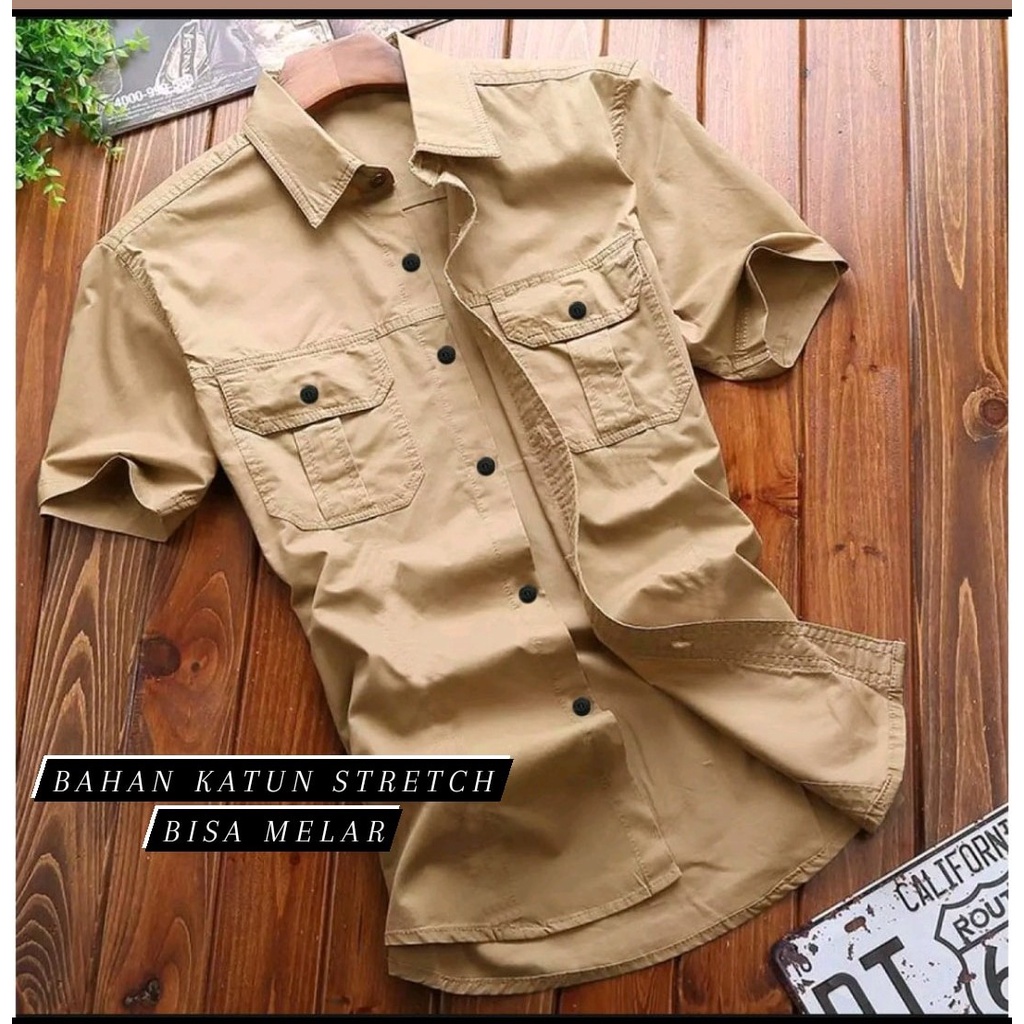 Kemeja Fashion Atasan Barry Polos Lengan Pendek Pria Katun Stretch