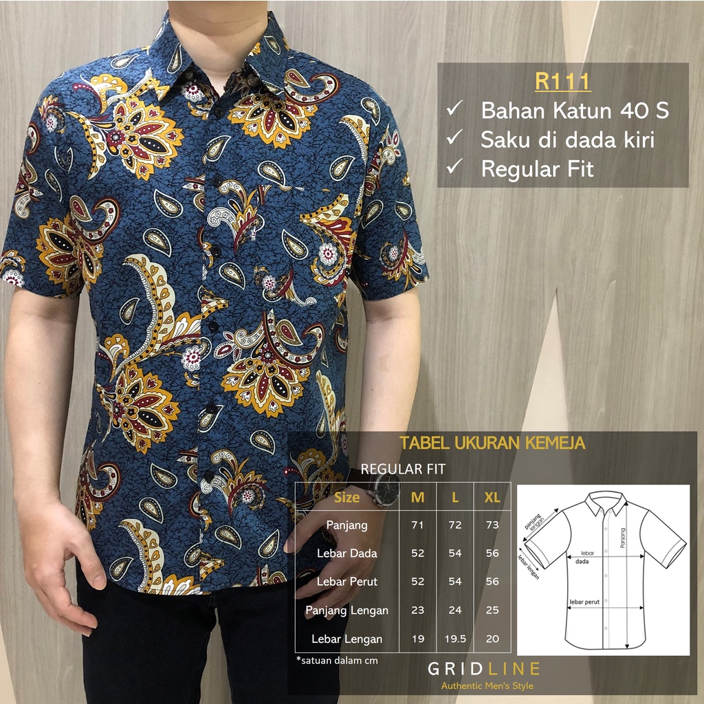 [GRIDLINE - Regular] Kemeja Batik Pria Katun Lengan Pendek Regular R025 R111