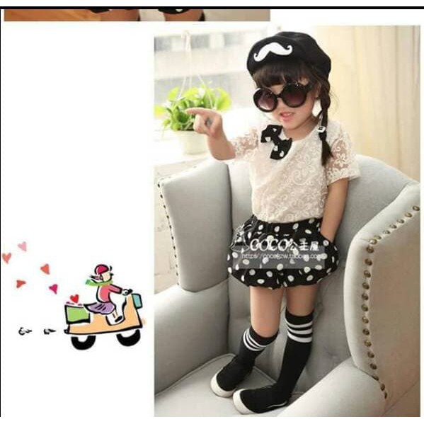 SETELAN ANAK PEREMPUAN WHITE BLACK POLKA BALON BAJU ANAK IMPORT CY