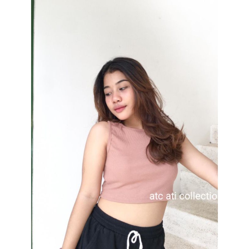 clara crop rib tank top by atc // real pic-Camel