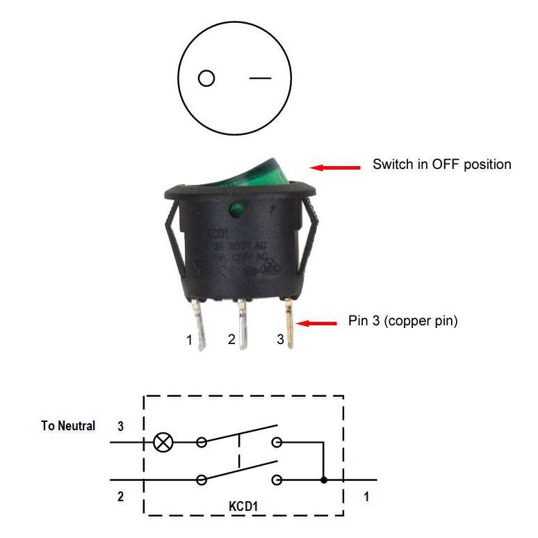 Round Rocker Switch 6A 250V Saklar Lampu MERAH ON OFF SPST 22mm 3 Pin