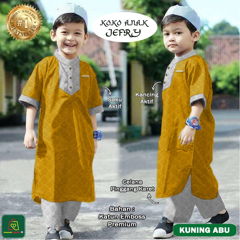 Setelan Baju Muslim KOKO ANAK JEFRI Bahan Katun Emboss Premium Ukuran XS - L Usia 2 - 15 Tahun / 21143-21151