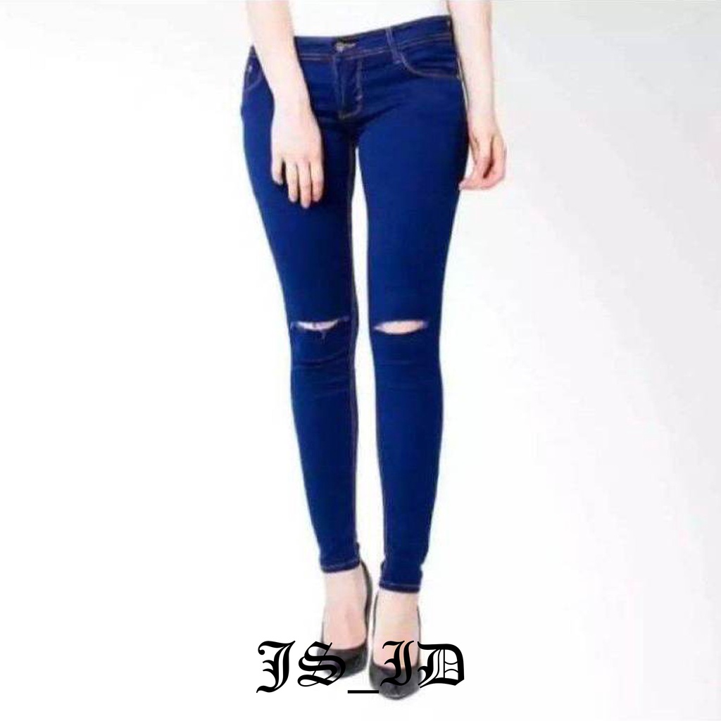 CELANA JEANS RIPPED WANITA SOBEK LUTUT BAHAN MELAR DAN TEBAL