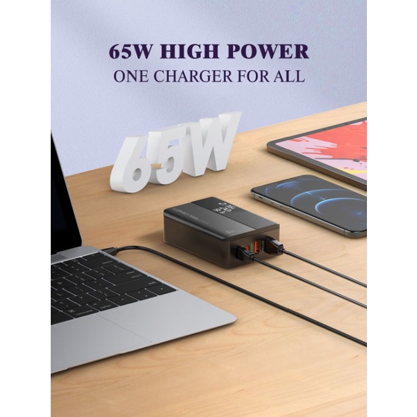 LDNIO A4808Q - 65W Fast Charge Desktop Charger - Support PD and QC 3.0 - 2 USB Port + 2 USB-C Port - Bisa untuk Smartphone, Tablet dan Laptop