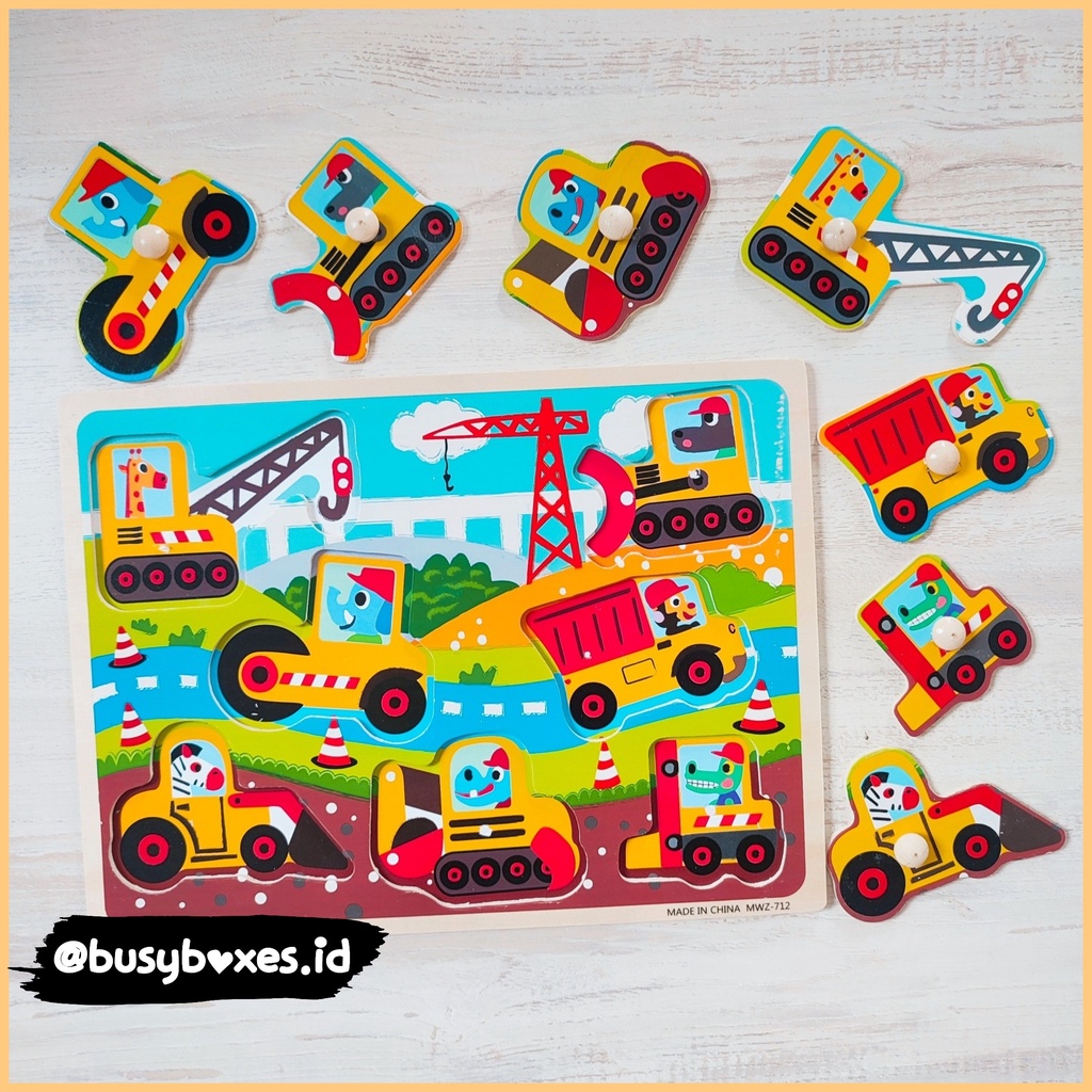 [busyboxes.id] Mainan Edukasi Mencocokan Kendaraan Konstruksi Alat Berat Puzzle Kayu Puzzle Knob Wooden Toys Mainan Kayu