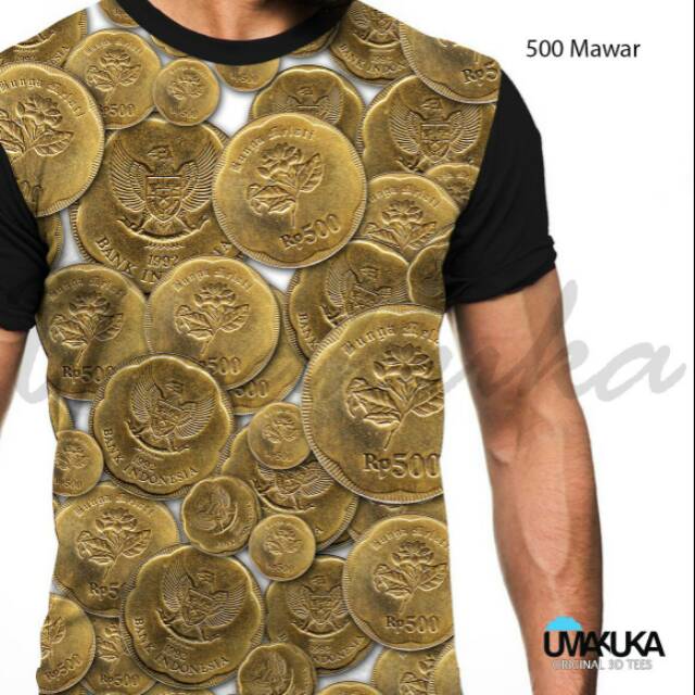 Kaos uang koin 500 mawar limaratus perak rupiah lama lawas kuno antik unik Umakuka 3d fullprint PO