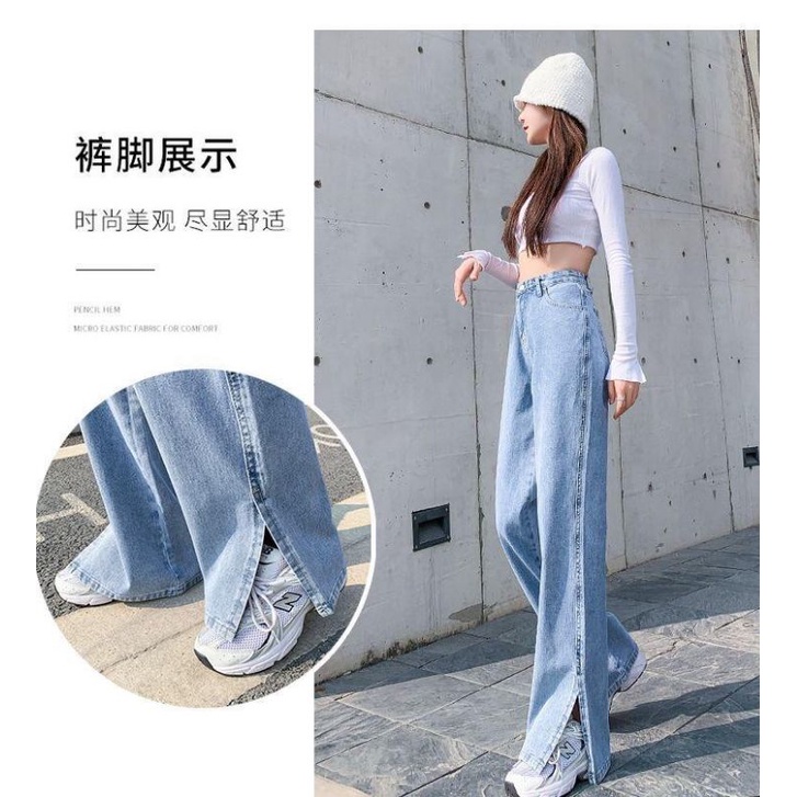 5186# celana panjang jeans wanita belah luar casual / Celana HW jeans belah