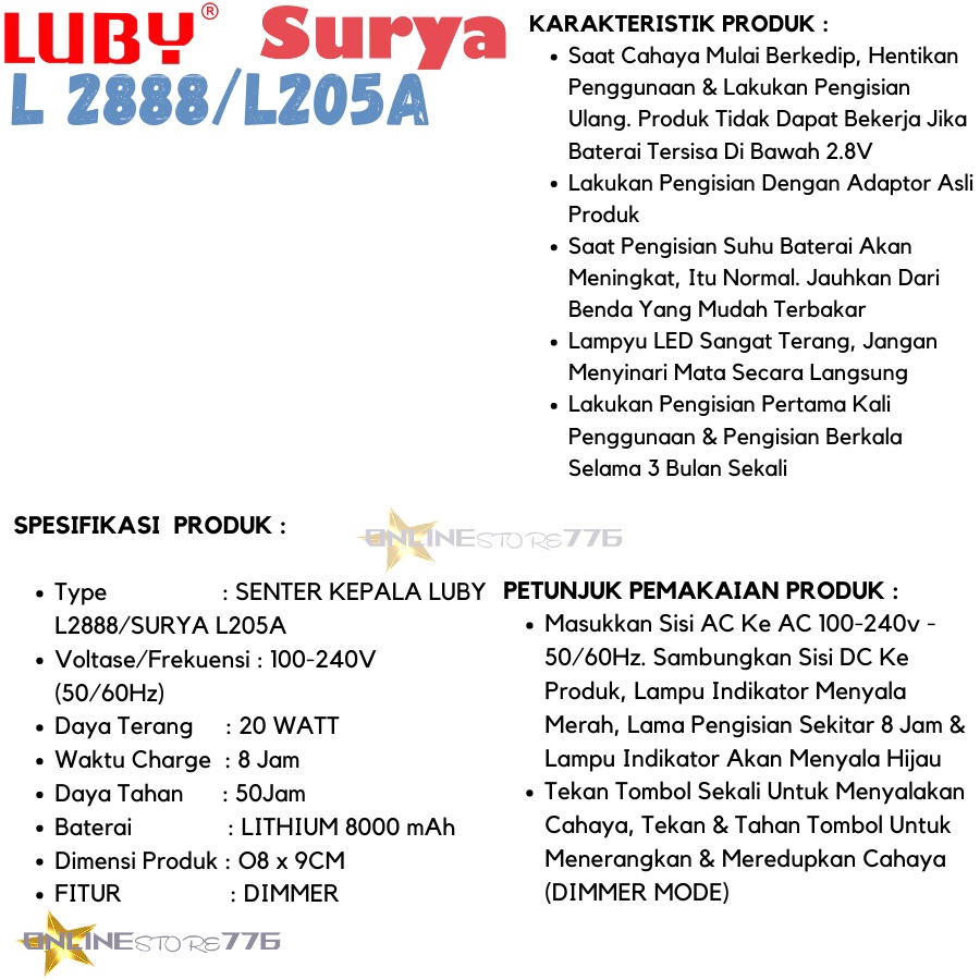 SENTER KEPALA SURYA 205A / 206A / LUBY L2888 / HEADLAMP LUBY L2888  / L2888 / L-2888 / RECHARGEABLE