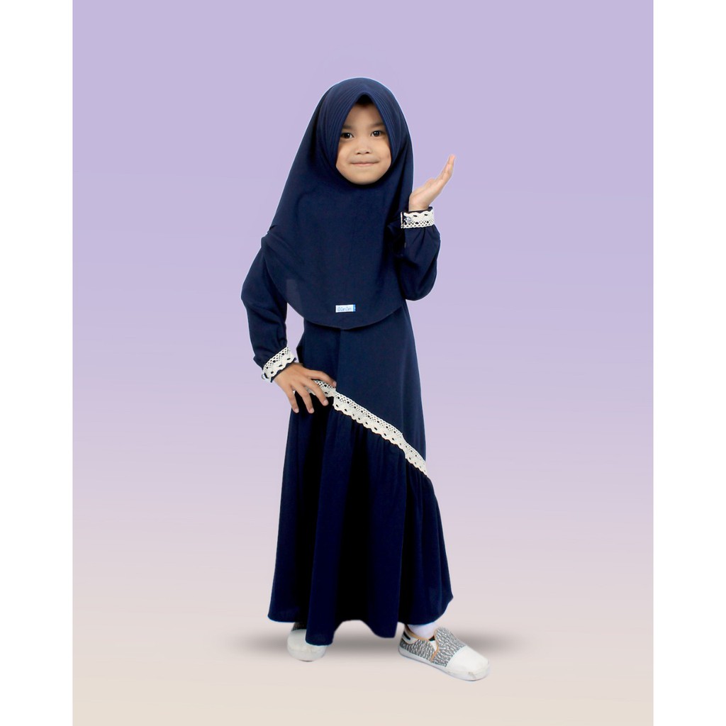 Salim Moslem-Busana Muslim/Gamis Anak Syari Renda Set Kerudung Jilbab Wolfis/toyobo Usia 1-10TH