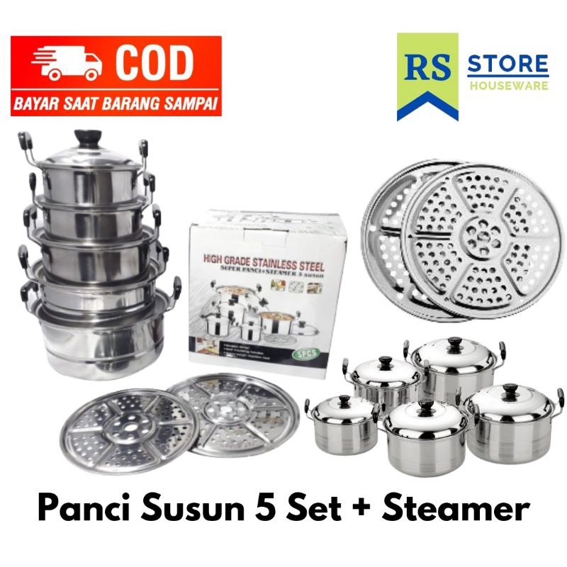 Panci susun stainless steel Set 5 Pcs + 2 Steamer 555 (Kingko - Homelux - Happy) /  PANCI SET KINGKO