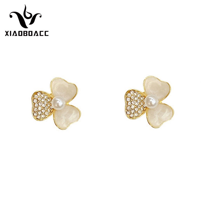 XiaoboACC Anting Stud Desain Bunga Aksen Mutiara Bahan 925 Silver Needle Untuk Wanita