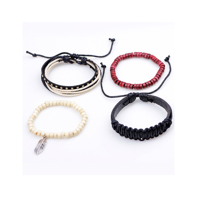 LRC Gelang Tangan Fashion Multi-color Feather Decorated Multi-layer Simple Bracelet(4pcs)