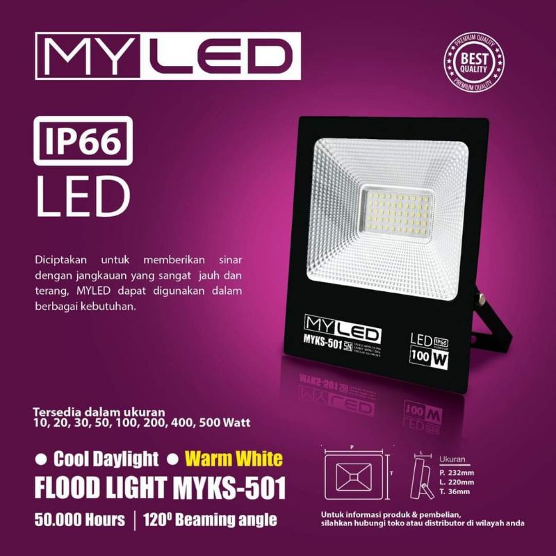 Lampu Sorot LED/Lampu Tembak/Flood Light/Lampu Taman MYLED/SUNSAFE SNI IP66