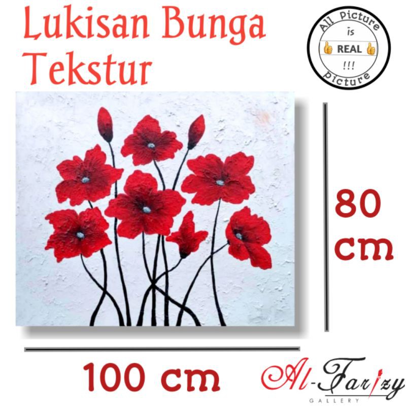 Lukisan Bunga Merah Tekstur Unik Minimis Kanvas Ukuran 100x80 cm Lengkap dengan kayu penyangga