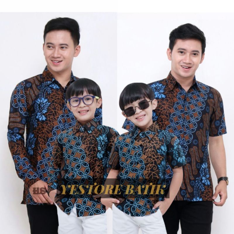 Baju batik couple ayah dan anak laki-laki terbaru motif seno biru