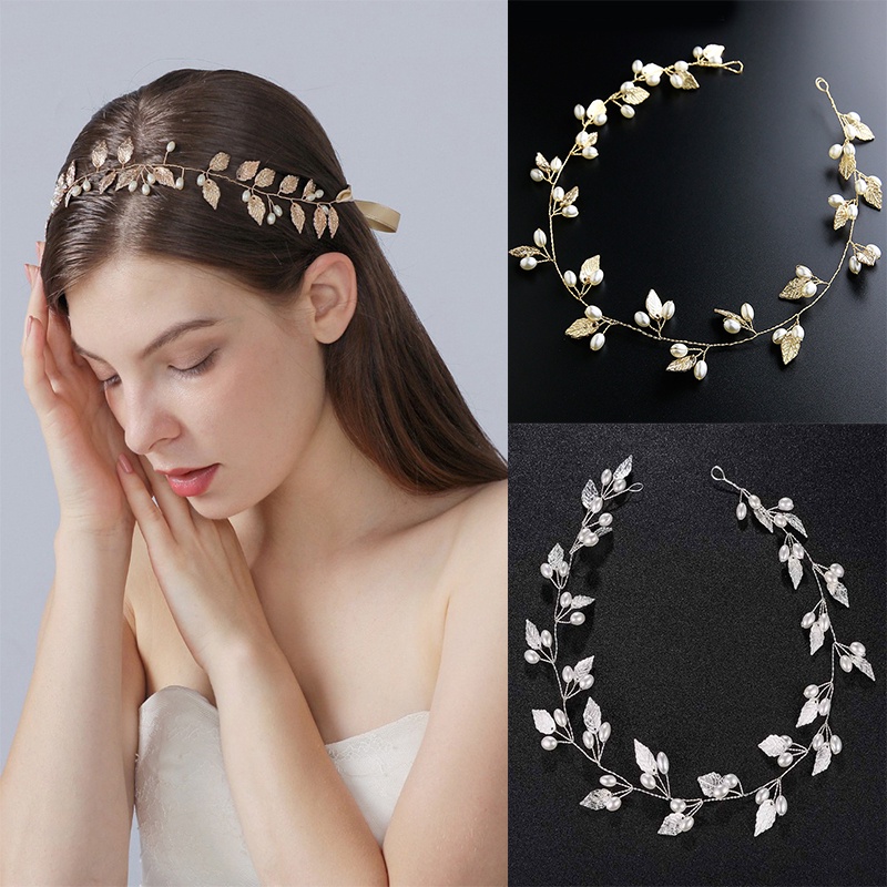 Korean Mori Sweet Bride Golden Headdress Leaf Pearl Hair Band / Bridesmaid Hair Accessories Wedding Dresses With Accessories