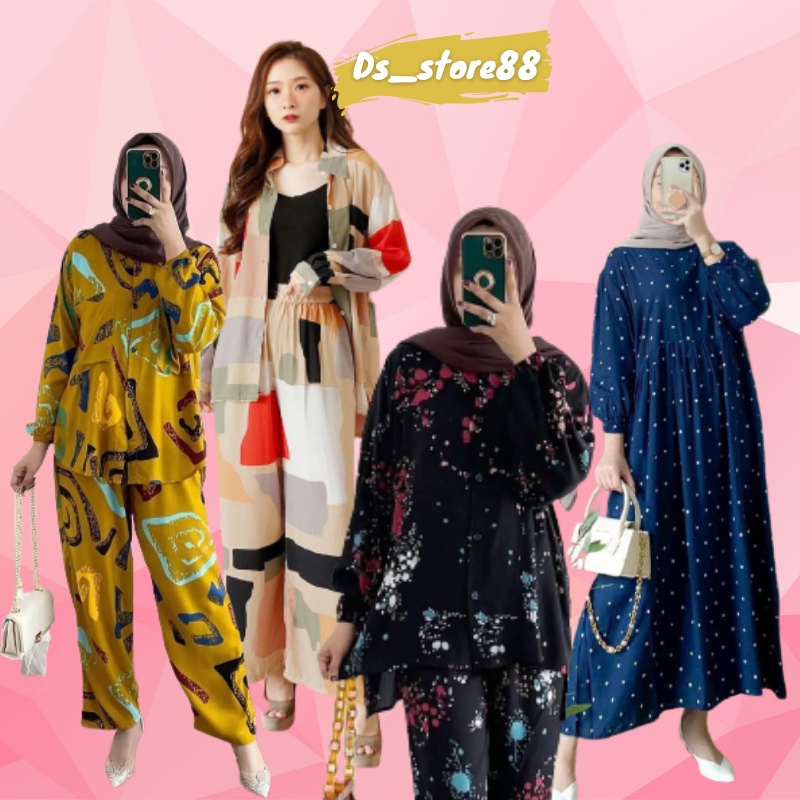 BAJU WANITA SETELAN RAYON DAILY MIDI DRESS ONE SET RAYON VISCOSE MOTIF KEKINIAN