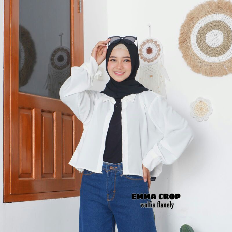 BLOUSE TARTAN LENGAN BALON MIZU KOREAN STYLE | KEMEJA MODEL FLANEL WANITA NUMMA-Numma Polos White