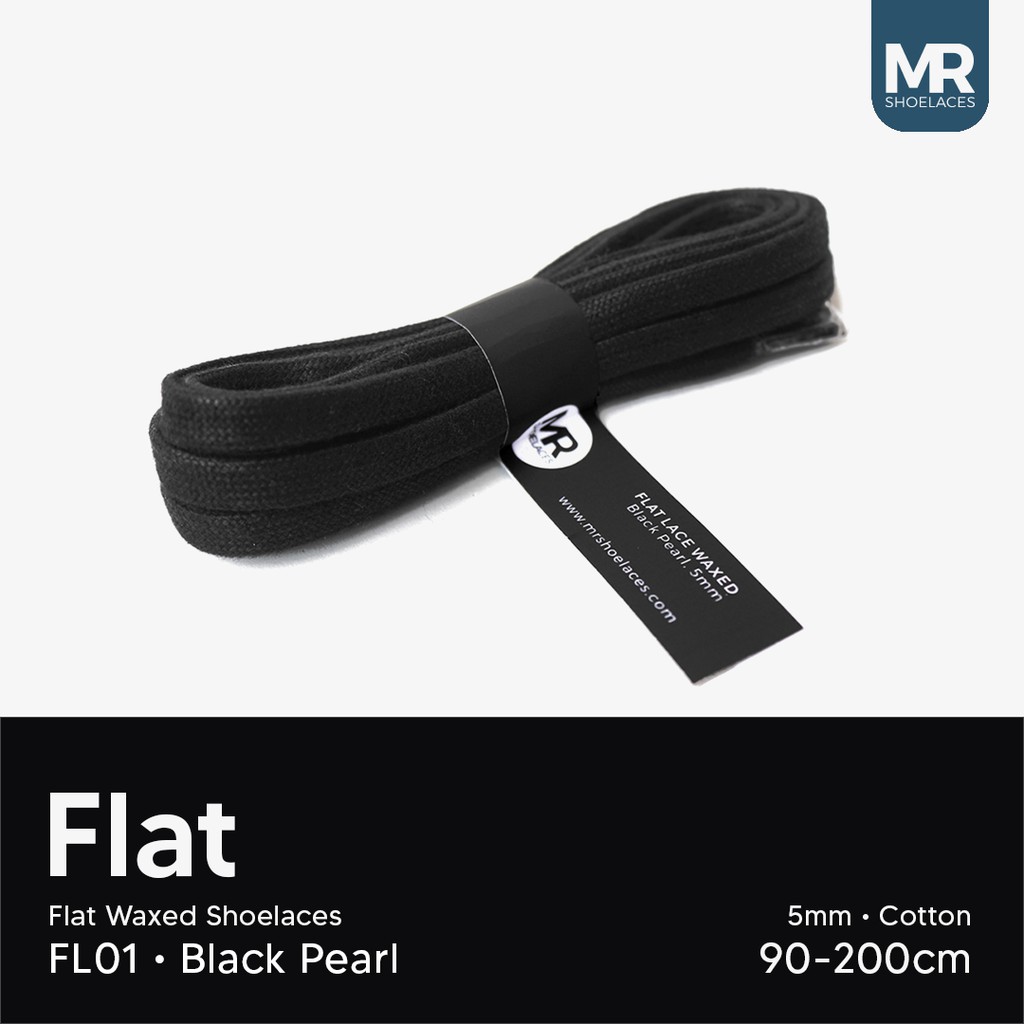 MR Shoelaces FL01 Black Pearl - Tali Sepatu Lilin 5mm Gepeng Flat Pipih (Waxed Laces) 90cm 120cm 150cm 180cm 200cm - Premium Shoelace