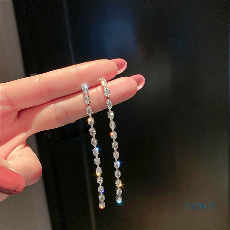 Anting Gantung Panjang Tusuk Motif Geometri Aksen Zircon + Kristal + Rumbai Untuk Perhiasan Wanita