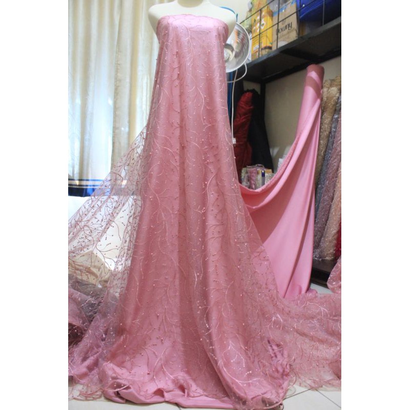 Tule brokat mutiara bakal kain kebaya