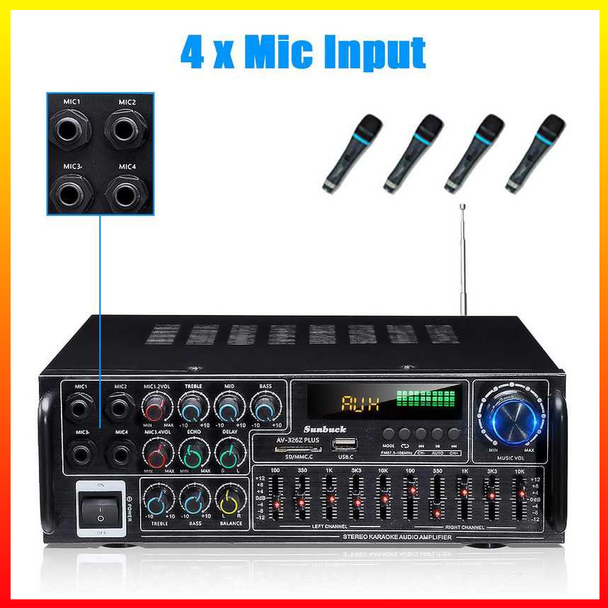 Ampli Hi-Fi Stereo Audio Amplifier Bluetooth EQ Karaoke FM 2000W Remot Kontrol Radio FM Slot Kartu SD dan USB - Sunbuck AV-326Z PLUS - 4PSK07BK