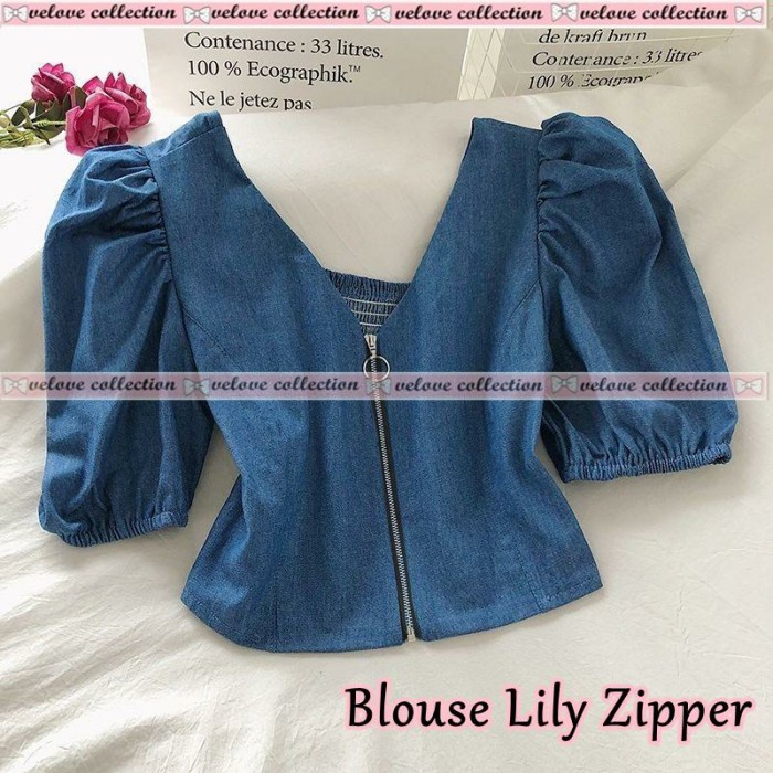 Blouse Lily Zipper Denim Tua [Baju Atasan Wanita 0153] Udf
