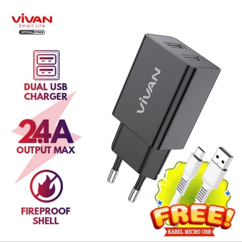 VIVAN Dual USB Charger 2.4A DD02 12W with Charging Cable