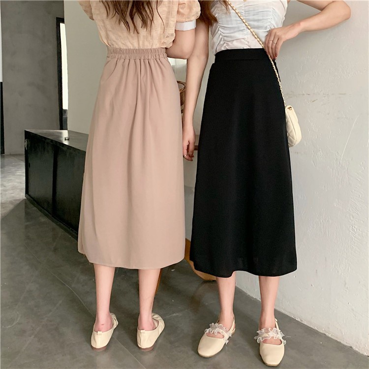 [chaoo.id ]Rok mid-length A-line versi Korea pinggang tinggi temperamen baru warna solid tipis mid-length